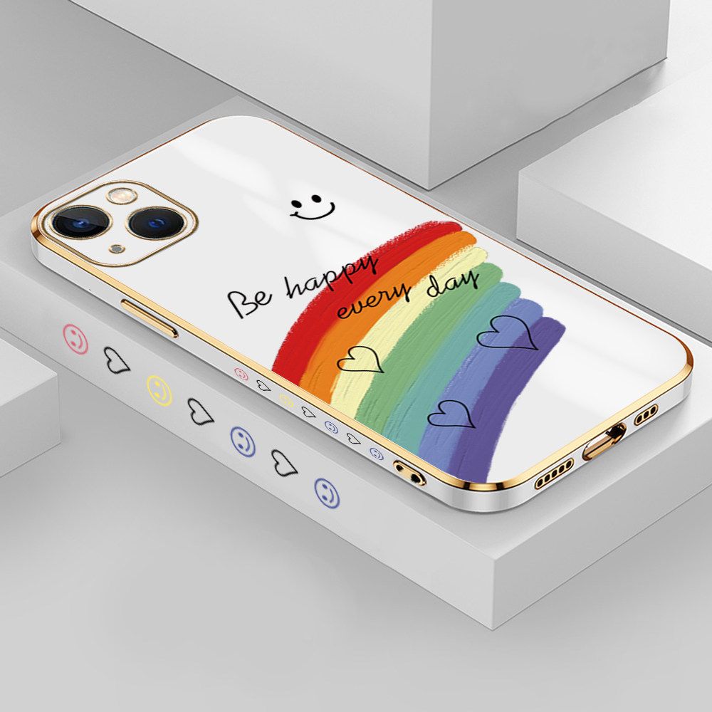 Jizetin (Free Lanyard) iPhone 13 Case Rainbow Doodle Luxury 6D Plating Soft Casing Silicone Ultra Thin Phone Cover