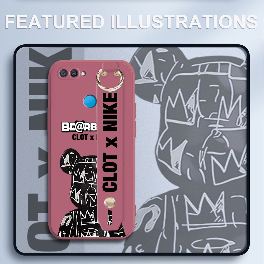 UCUC for OPPO A12S Wrist Strap Case Creative Cartoon Black Stitching Bear Cover Ultra Thin Anti Fall Liquid Silicone Phone Case