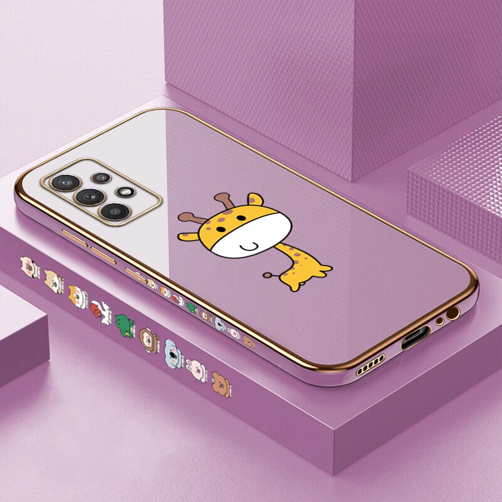 Luxury 6D Plating Case for Samsung A32 4G Cute Giraffe Side Pattern Back Cover Soft Silicone Square Phone Cases + Free Lanyard