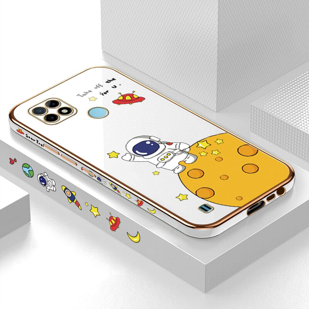 Luxury 6D Plating Case for Realme C25Y Cute Cartoon Happy Astronaut Side Pattern Back Cover Soft Silicone Square Frame Shiny Bling Phone Cases + Free Lanyard
