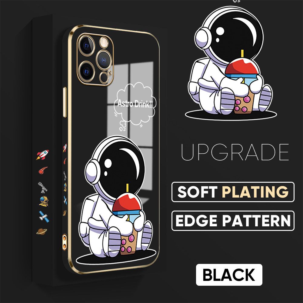 TA for iPhone 12 Pro Back Cover + Free Lanyard Cute Astronaut Luxury 6D Plating Case Side Pattern Soft Silicone Square Phone Cases