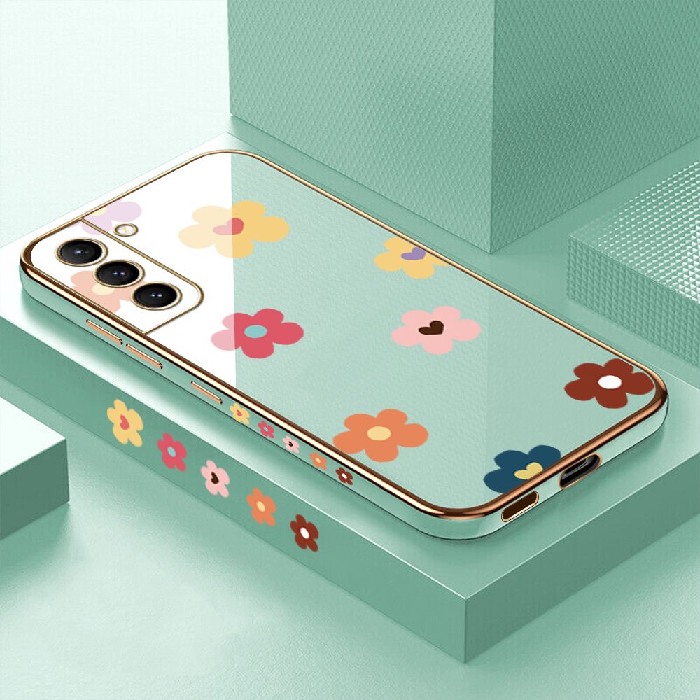 Luxury 6D Plating Case for Samsung S21 5G Color Cartoon Flowers Side Pattern Back Cover Soft Silicone Square Phone Cases + Free Lanyard