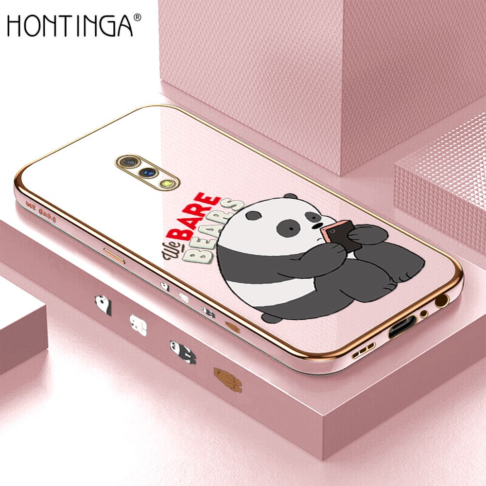 Hontinga for Realme X OPPO K3 Back Cover + Free Lanyard Luxury 6D Plating Cute Cartoon Panda Side Pattern Case Soft Silicone Square Mobile Cover
