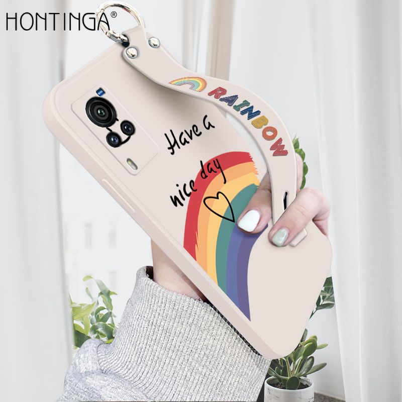 Hontinga for Vivo X60 Pro 5G Wrist Strap Case Lovely Graffiti Rainbow Smile Thin Phone Cover Square Edge Liquid Silicone Creativity Phone Case