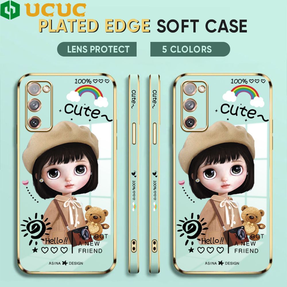 UCUC for Samsung Galaxy S20 FE 5G Back Cover + Free Lanyard Sunshine Girl Luxury 6D Plating Case Side Pattern Soft Silicone Square Phone Cases