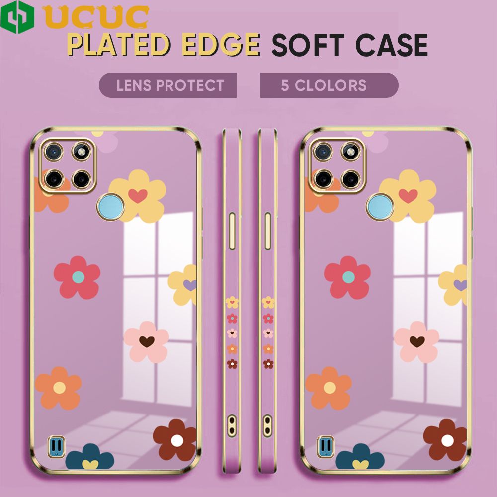 UCUC for Realme C21Y / Realme C25Y Back Cover + Free Lanyard INS Style Flower Luxury 6D Plating Case Side Pattern Soft Silicone Square Phone Cases