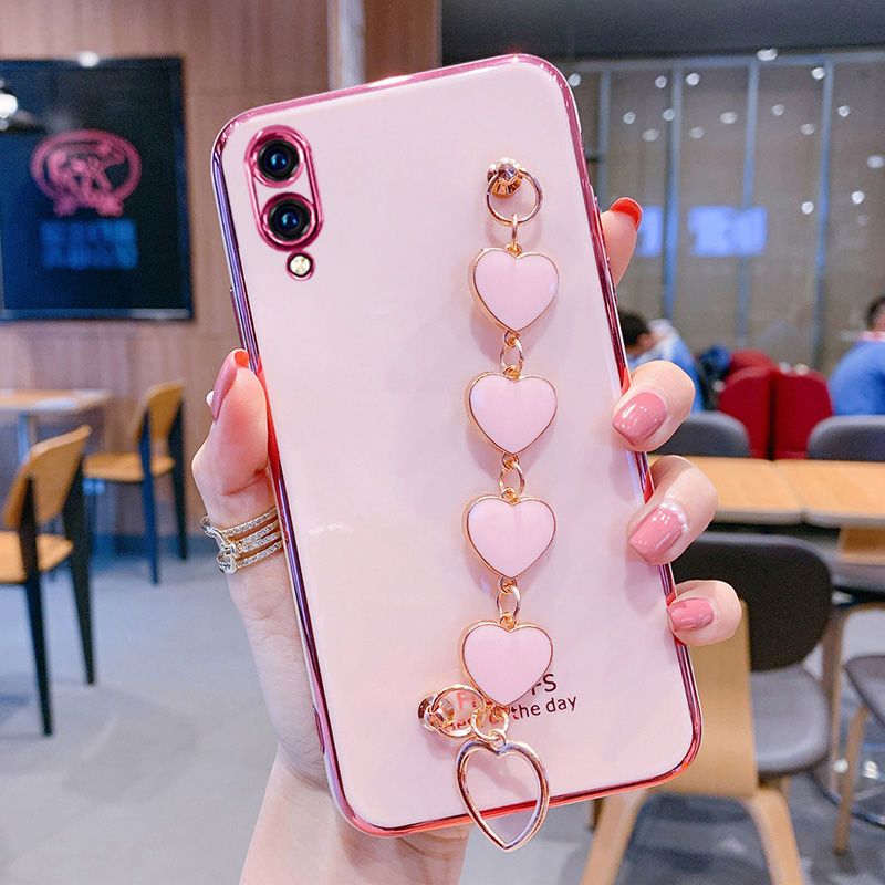For Samsung Galaxy M02 Back Cover with Love Heart Chain Wrist Strap Fashion Bracelet Shiny Plating Bumper Protective Case Silicone Shockproof Mobile Phone Cases