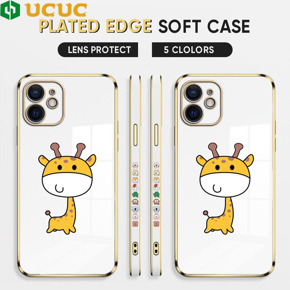 UCUC for iPhone 12 Mini Back Cover + Free Lanyard Big Head Giraffe Luxury 6D Plating Case Side Pattern Soft Silicone Square Phone Cases