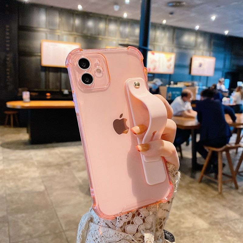 Soft Wrist Strap Phone Case For iPhone 11 12 13 Pro Max X XR Xs Max 7 8 Plus SE 2020 Mini Kickstand Transparent Bumper  Cover