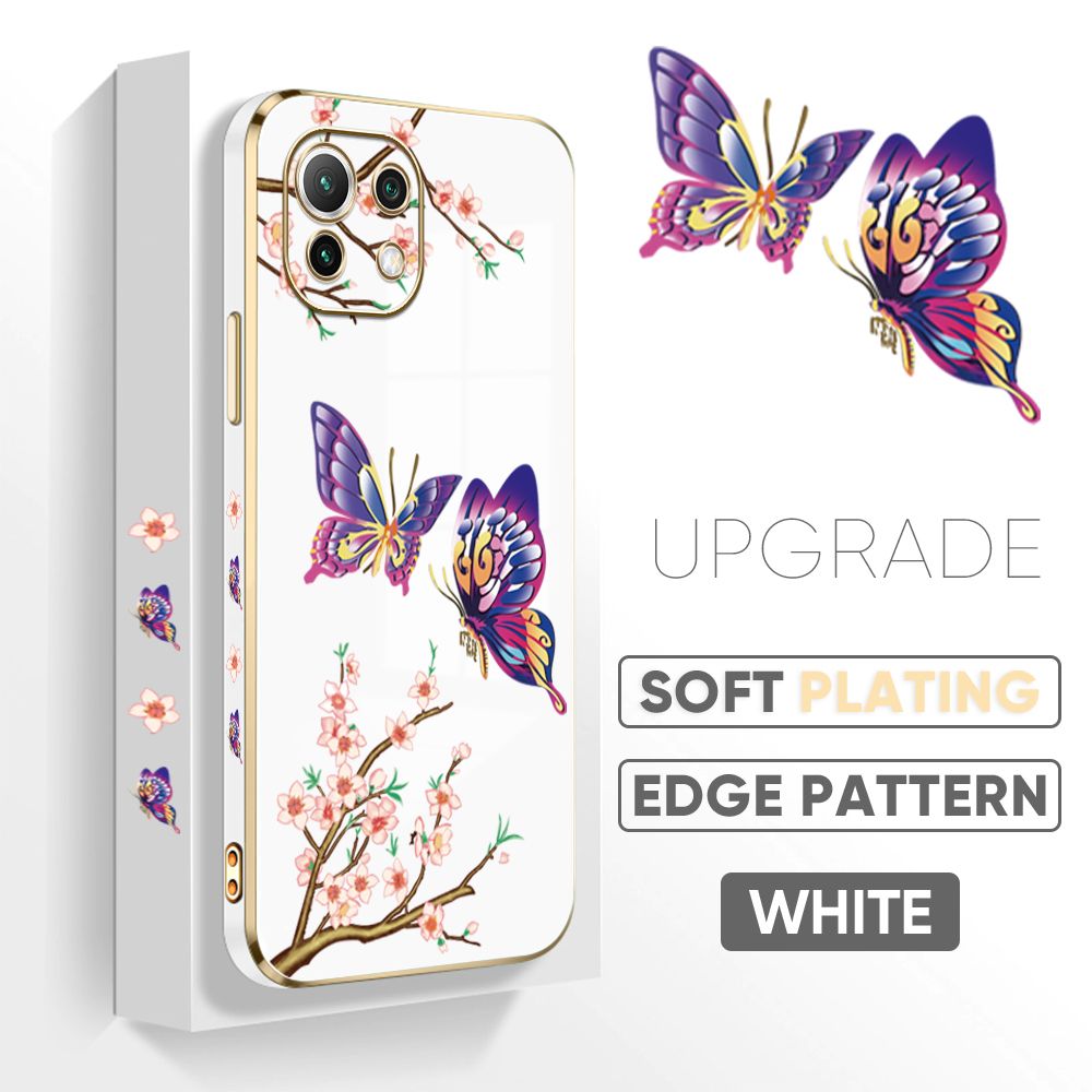 Jizetin (Free Lanyard) Xiaomi Mi 11 Back Cover Peach Blossom and Butterfly Luxury 6D Plating Case Side Pattern Soft Silicone Square Mobile Phone Cases