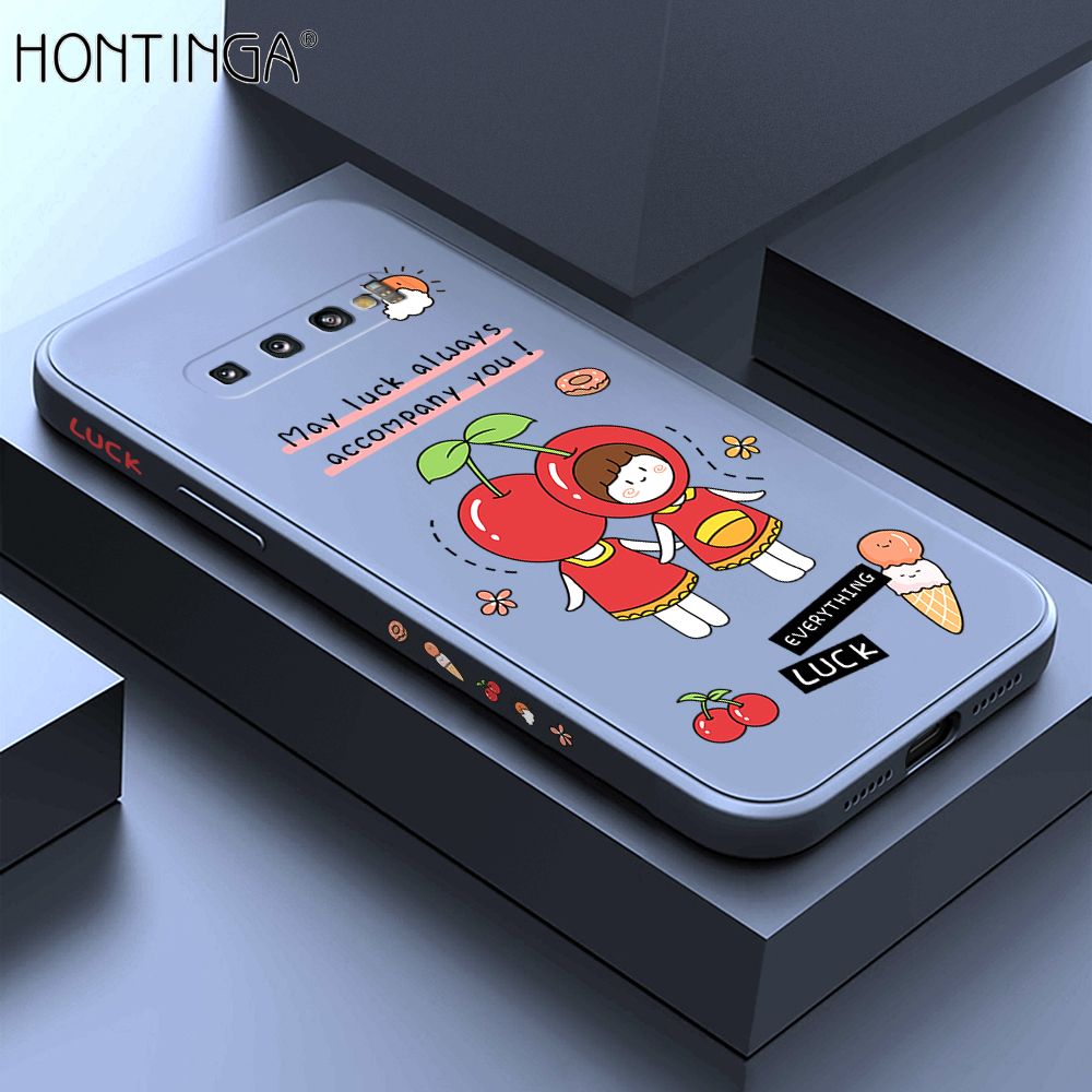 Hontinga for Samsung S10 Case Side Design Cute Cherry Girl Back Cover Soft Square Edge Pattern Liquid Silicone Trend Phone Cases