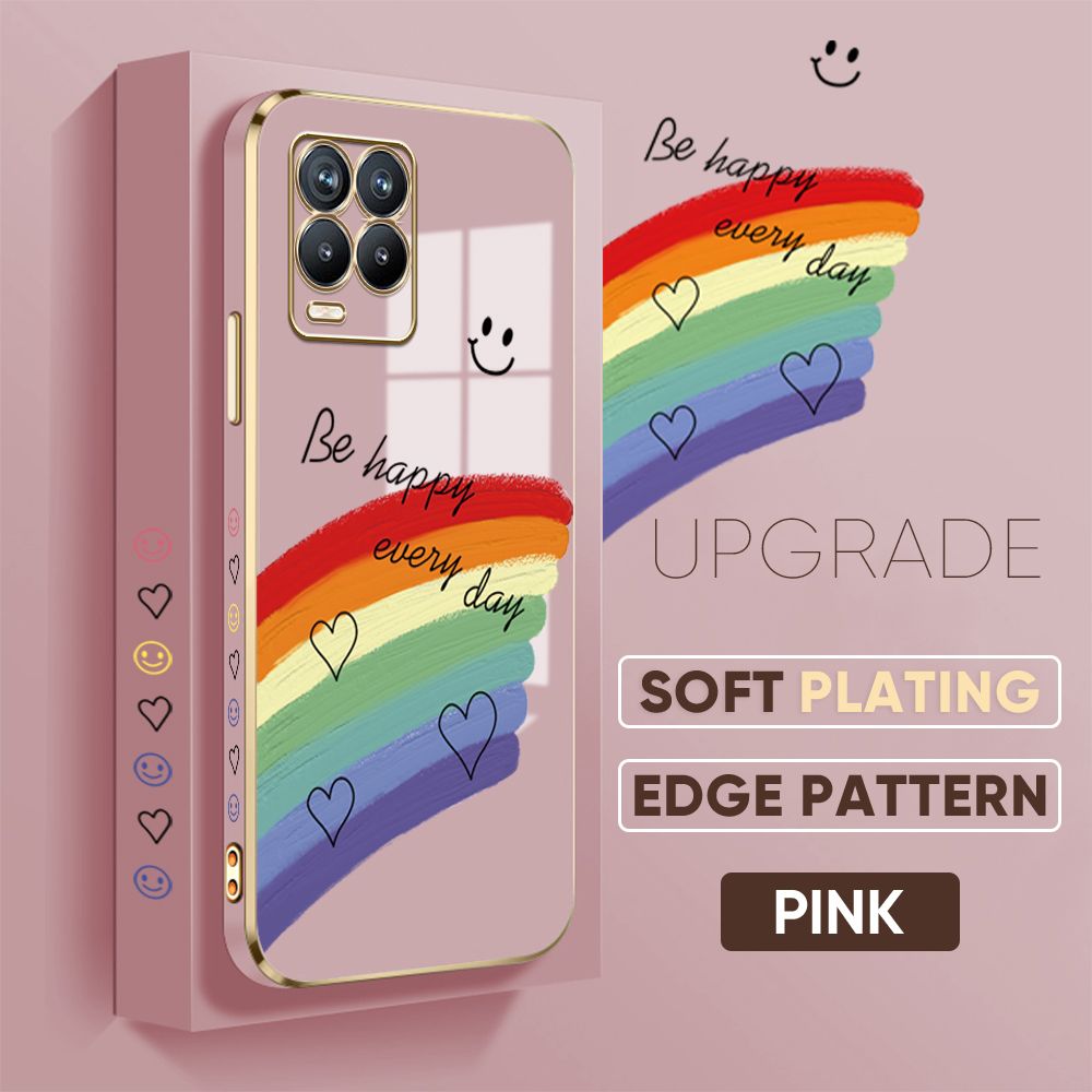 TA for Realme 8 4G / Realme 8 Pro Back Cover + Free Lanyard Rainbow Doodle Luxury 6D Plating Case Side Pattern Soft Silicone Square Phone Cases