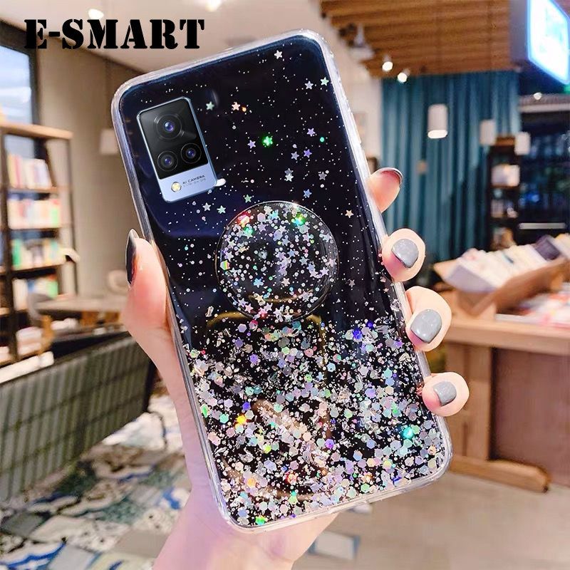 Phone case Vivo V21E Back cover Shiny Ring Glitter Soft Transparent Holder Stand Back cover with String Glitter Space Stars Moon Vivo V21E case