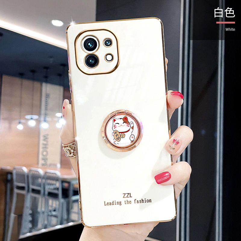 For Xiaomi Mi 11 Lite Cover + Ring Holder Stand Shiny Plating Square Bumper Phone Case Lens Protection Soft Silicone Shockproof Protective Back Cover