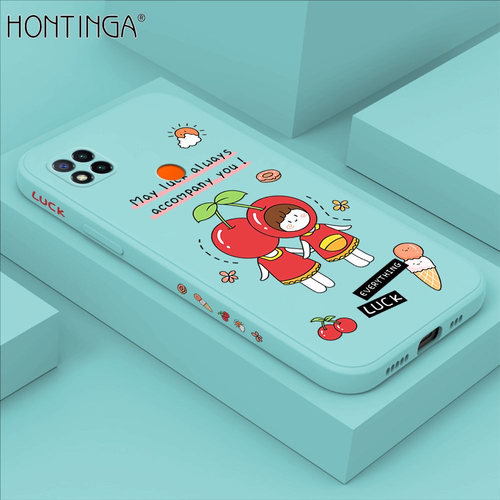 Hontinga for Redmi 9C / Redmi 10A Case Side Design Cute Cherry Girl Back Cover Soft Square Edge Pattern Liquid Silicone Trend Phone Cases