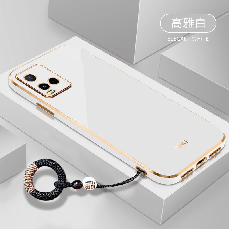 For Vivo Y33T Back Cover with Non-Slip Rope Pull Ring Shiny Plating Square Bumper Protective Case Camera Lens Protection Soft Silicone Shockproof Mobile Phone Cases
