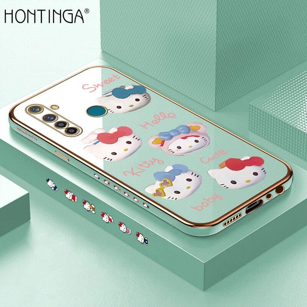 Hontinga for Realme 5 Pro Back Cover + Free Lanyard Luxury 6D Plating Cartoon Cute Kitty Side Pattern Case Soft Silicone Square Phone Cases
