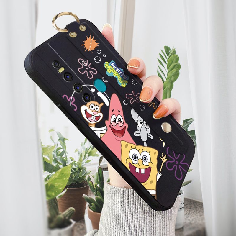 Jizetin for Tecno Camon 15 Pro / Camon 15 Premier Back Cover Cute Funny SpongeBob Wrist Strap Phone Case Candy Color shock proof Protective Phone Cases