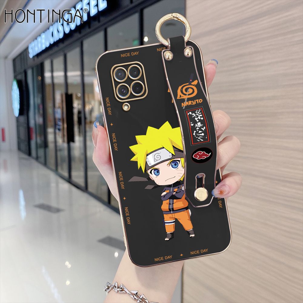 Hontinga for Samsung Galaxy M62 / F62 Back Cover With Wristband Luxury 6D Plating Anime Naruto Uzumaki Case Soft Silicone Square Phone Cases