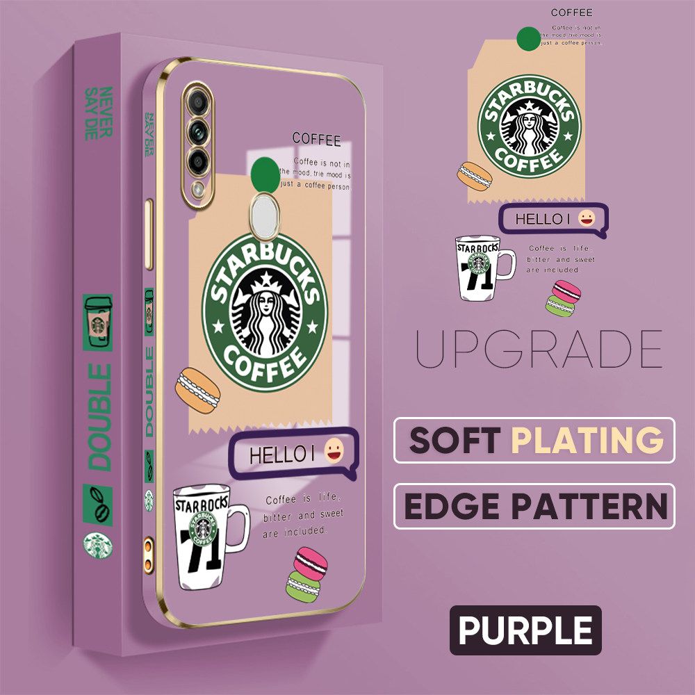 Jizetin (Free Lanyard) OPPO A31 2020 Back Cover Two Coffee Macaron Luxury 6D Plating Case Side Pattern Soft Silicone Square Mobile Phone Cases