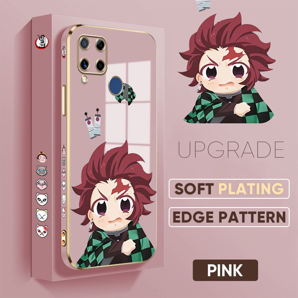 Jizetin (Free Lanyard) Realme C15 Cover Wronged Tanjiro Luxury 6D Plating Soft Casing Silicone Square Frame Phone Case Shiny Bling Back Cover