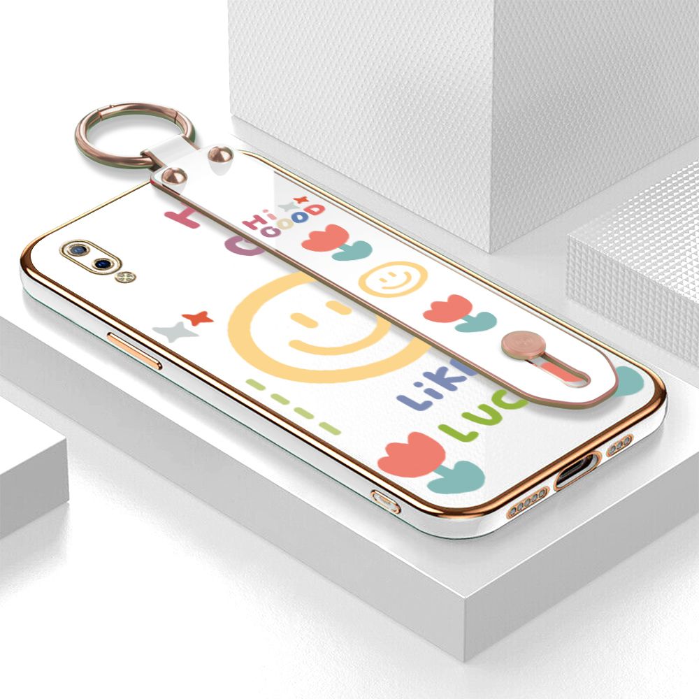 ZeroQiQi for Vivo Y93 Wrist Strap Back Cover Flower Smiley Fashion Luxury 6D Plating Soft Casing Silicone Square Frame Phone Case
