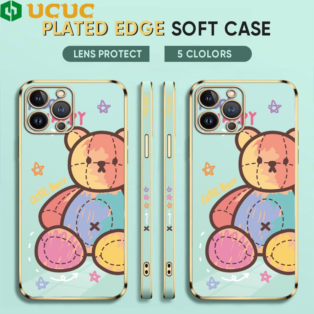 UCUC for iPhone 13 Pro Back Cover + Free Lanyard Colorful Muppet Bear Luxury 6D Plating Case Side Pattern Soft Silicone Square Phone Cases