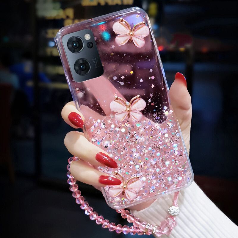 Case For OPPO Reno 7 Shiny Ring Back Cover Glitter Soft Transparent Butterfly Cases for OPPO Reno7 Case + Free Crystal Chain