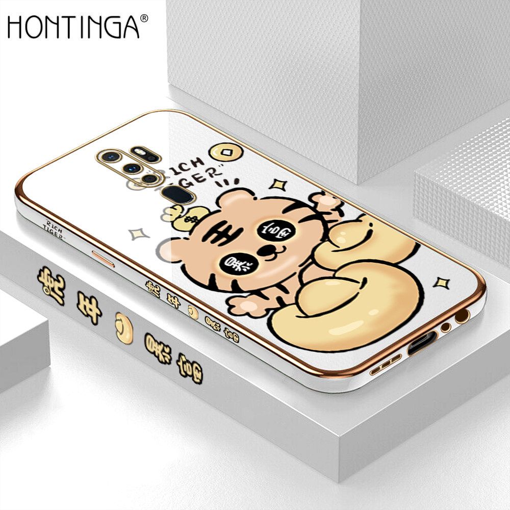 Hontinga for OPPO A9 A5 2020 Back Cover + Free Lanyard Luxury 6D Plating Cartoon Get Rich Tiger Side Pattern Caese Soft Silicone Square Phone Cases