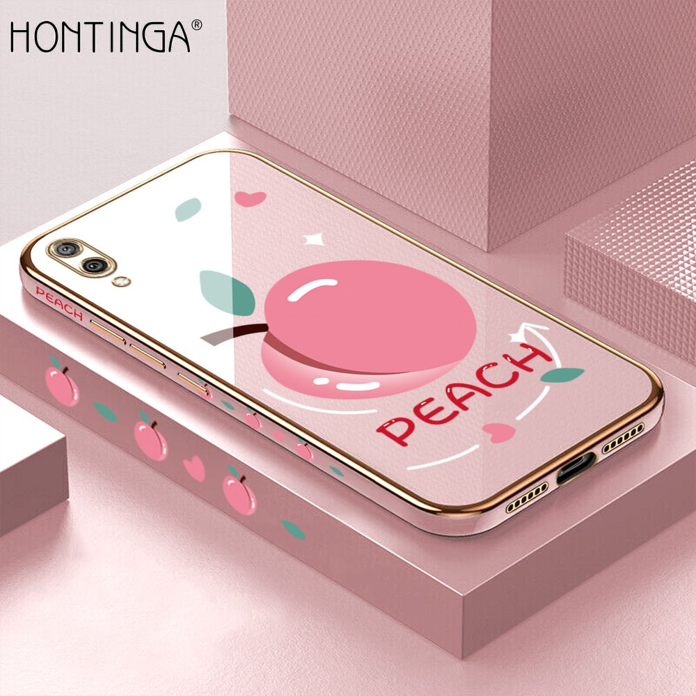 Hontinga for Huawei Y7 Pro 2019 Case Luxury 6D Plating Soft Casing Silicone Square Frame Phone Cover Shiny Bling Side Print Cartoon Simple Peach Cases