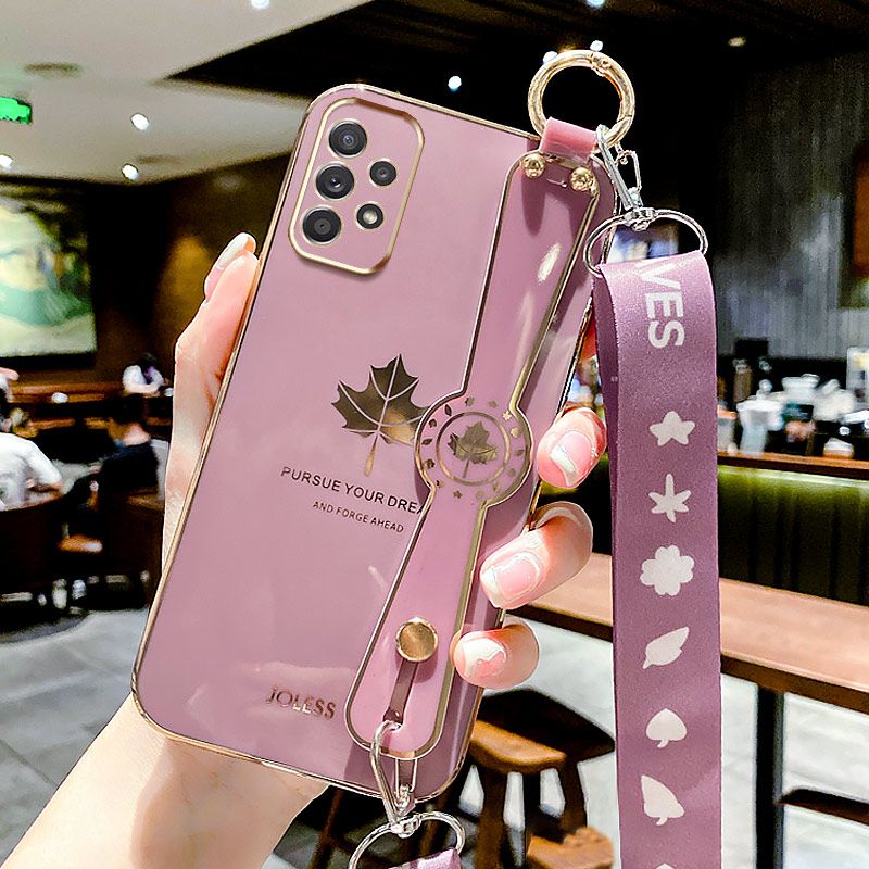 For Samsung Galaxy A13 4G Back Cover with Lanyard + Wristband Fashion Shiny Maple Leaf Plating Bumper Stand Holder Case Camera Protection Soft Silicone Mobile Phone Cases