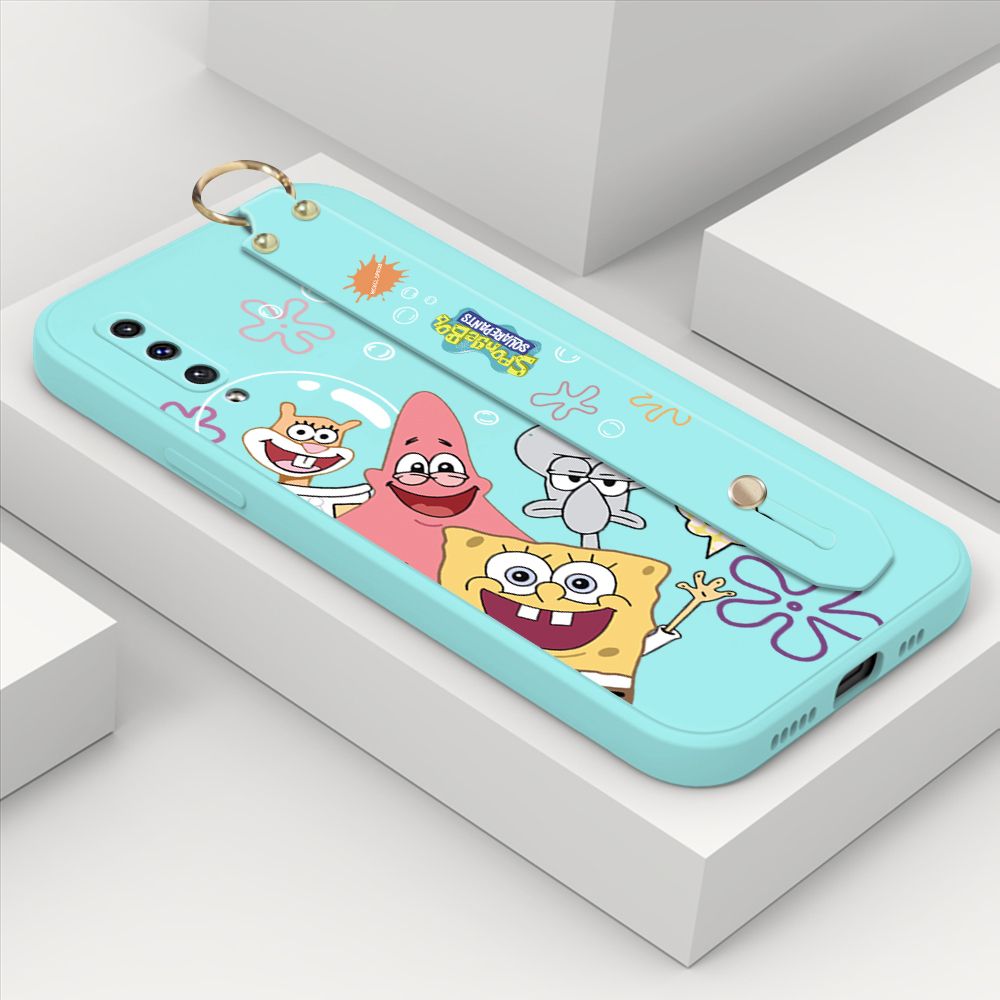 ZeroQiQi for Samsung Galaxy A50 Wrist Strap Case Cute Cute Funny Cartoon Sponge for Square Pants Cover Square Edge Liquid Silicone Anti-drop Phone Case