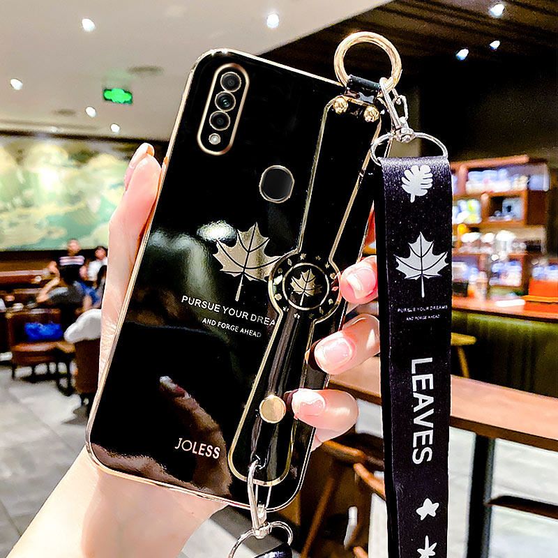 For OPPO A31 Back Cover with Lanyard + Wristband Fashion Shiny Maple Leaf Plating Bumper Stand Holder Case Camera Protection Soft Silicone Mobile Phone Cases