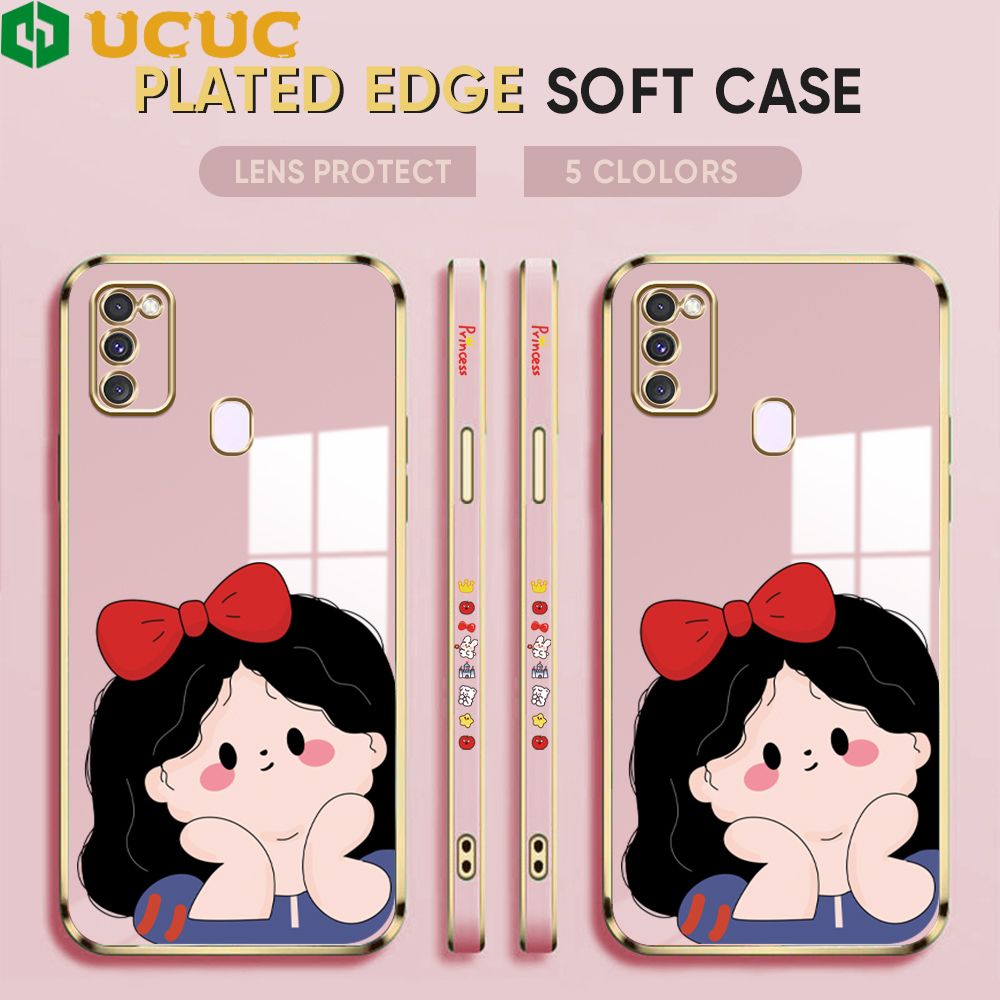 UCUC for Samsung Galaxy M21 M30S Back Cover + Free Lanyard Cute Gir Luxury 6D Plating Case Side Pattern Soft Silicone Square Phone Cases