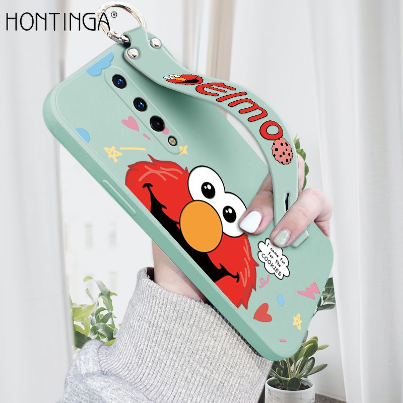 Hontinga for OnePlus 8 Wrist Strap Case Cute Cute Cartoon Little Monster Phone Cover Square Edge Liquid Silicone Case Full Cover Camera Shockproof Protective Cases