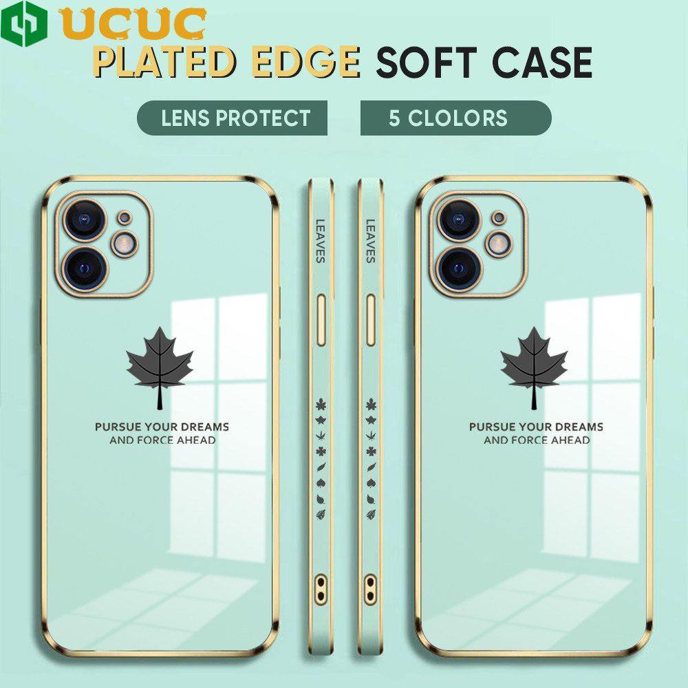 UCUC for iPhone 12 Mini Back Cover + Free Lanyard Maple Leaf Luxury 6D Plating Case Side Pattern Soft Silicone Square Phone Cases