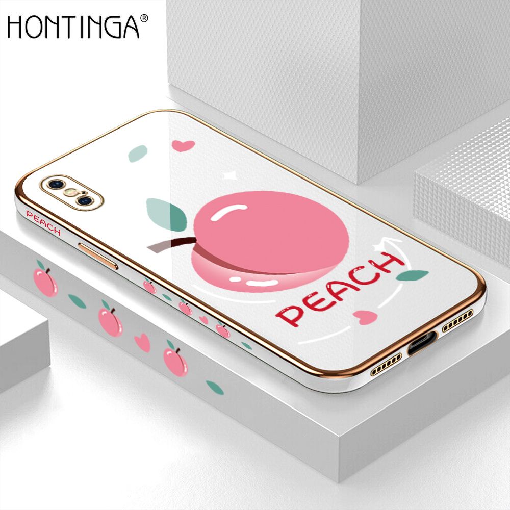 Hontinga for iPhone X XS Case Luxury 6D Plating Soft Casing Silicone Square Frame Phone Cover Shiny Bling Side Print Cartoon Simple Peach Cases