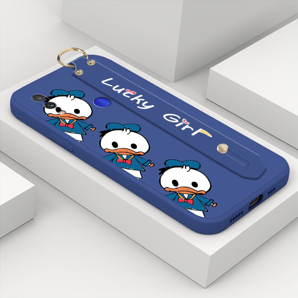 ZeroQiQi for Xiaomi Redmi Note 7 Wrist Strap Case Cute Cartoon Little Duck Phone Case Square Edge Liquid Silicone Case Full Cover Camera Shockproof Protective Cases