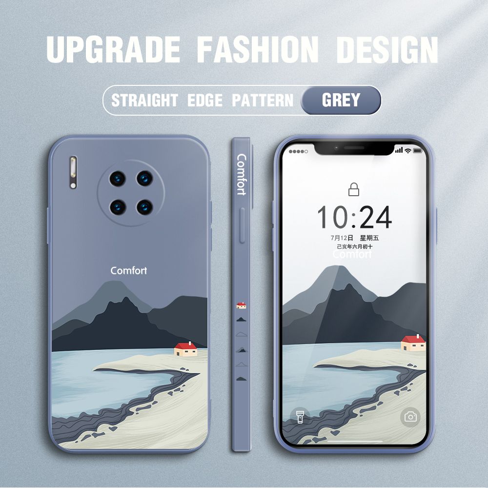 Jizetin for Huawei Mate 30 Pro Case Mount Fuji Design Side Design Phone Case Square Edge Pattern Liquid Silicone Cases Full Cover Camera Shockproof Protective Case