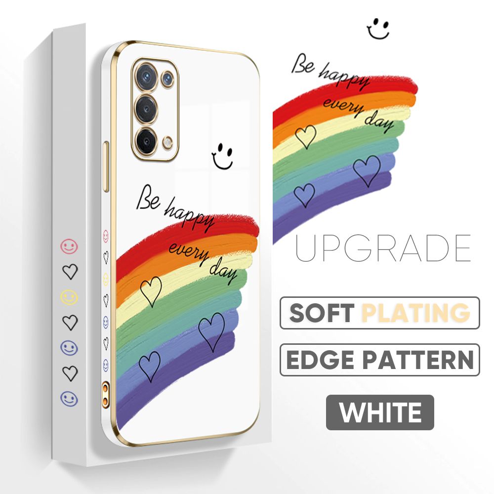TA for OPPO A74 5G Back Cover + Free Lanyard Rainbow Doodle Luxury 6D Plating Case Side Pattern Soft Silicone Square Phone Cases