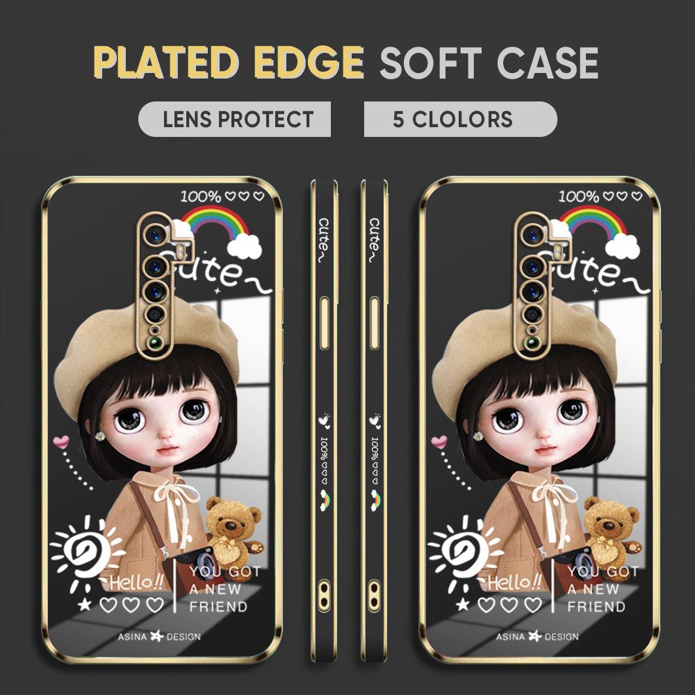 Luxury 6D Plating Case for OPPO Reno2 F Phone Cases Satchel Girl Side Print Soft Silicone Square Back Cover