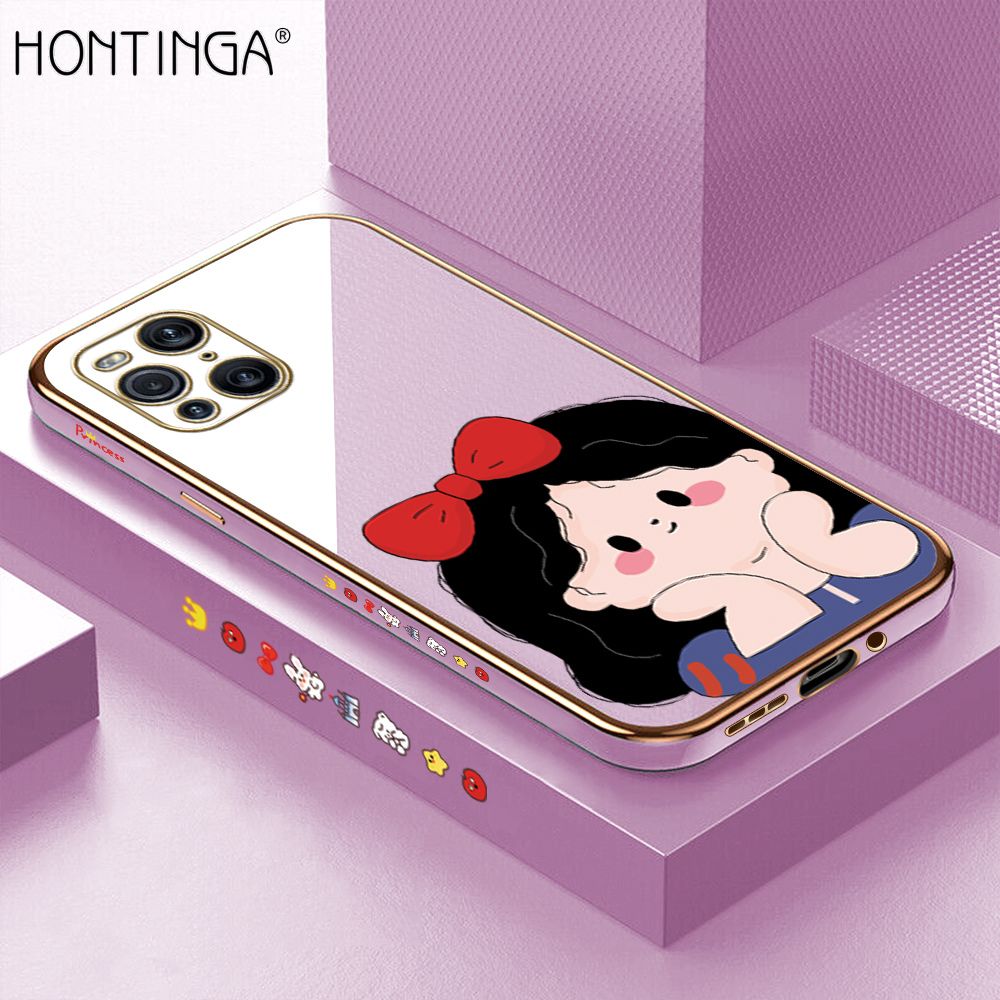 Hontinga for OPPO Find X3 Pro Luxury 6D Plating Soft Casing Silicone Square Frame Phone Case Shiny Bling Back Cover Cute Bow Cartoon Girl Case