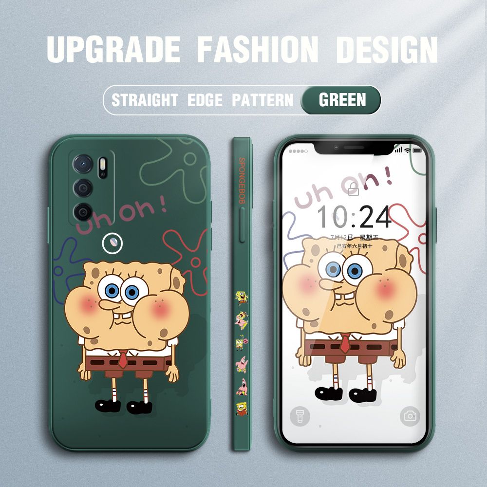 Jizetin for OPPO A16 Case Side Design Phone Cover New Cartoon SpongeBob SquarePants Cover Square Edge Pattern Liquid Silicone Trend Case