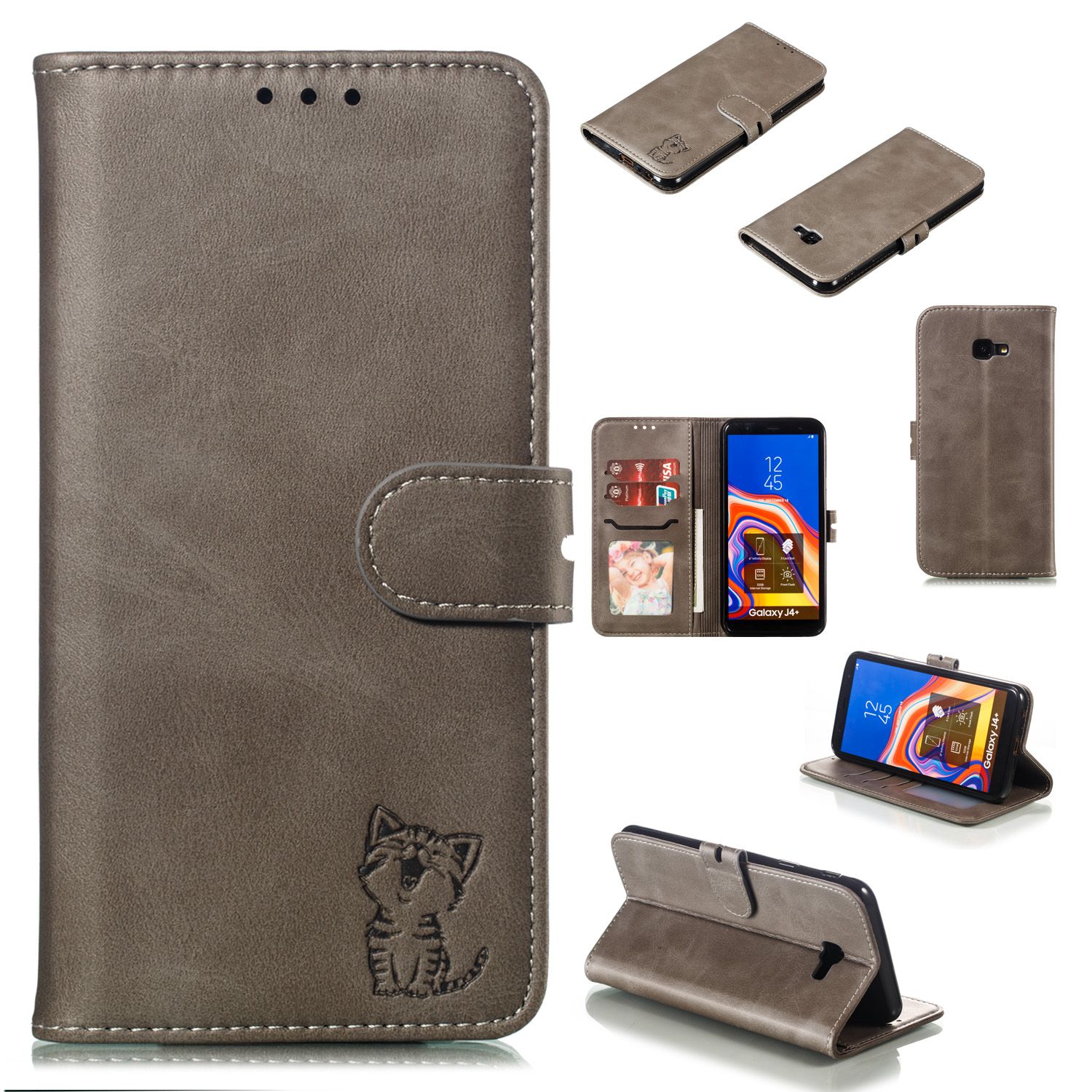 Yfashion For  J4 plus Cute Cartoon Embossed Happy  PU Leather Full Protective Phone Case with Card Slot & Buckle & Bracket