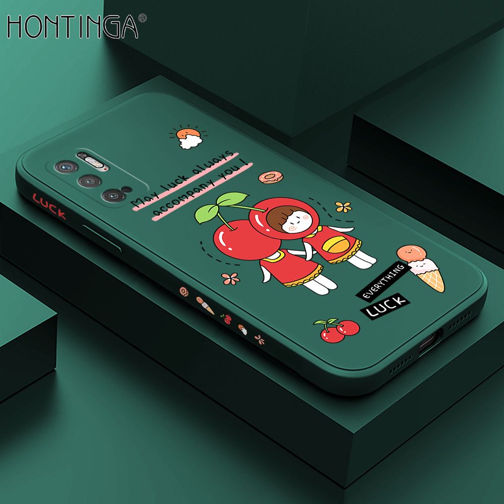 Hontinga for Xiaomi Redmi Note 10 5G Case Side Design Cute Cherry Girl Back Cover Soft Square Edge Pattern Liquid Silicone Trend Phone Cases