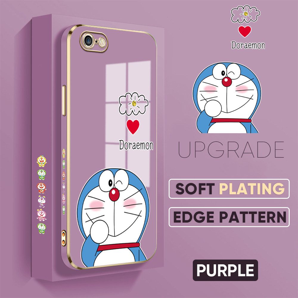 UCUC for iPhone 6 6S Back Cover + Free Lanyard Sneak Doraemon Luxury 6D Plating Case Side Pattern Soft Silicone Square Phone Cases