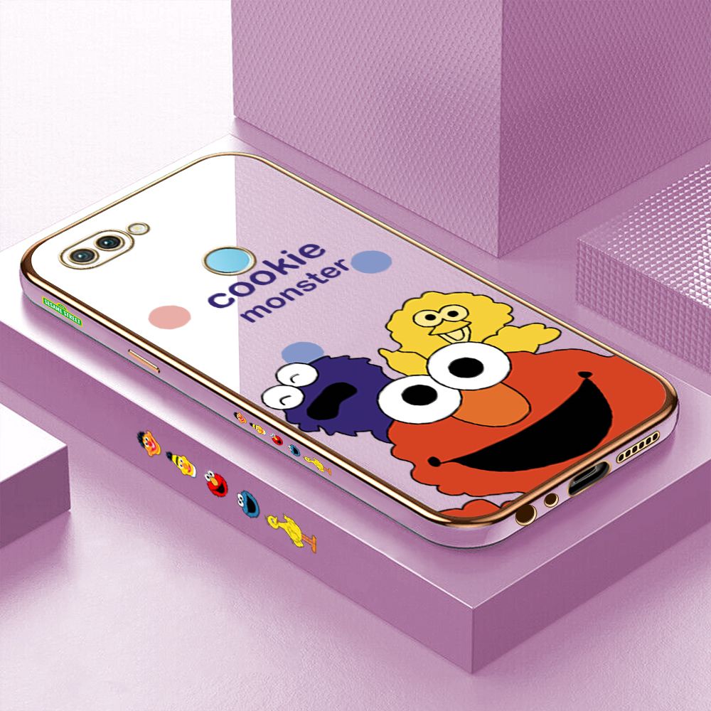Luxury 6D Plating Case for Realme 2 Pro Color Cute Cartoon Sesame Monsters Side Pattern Back Cover Soft Silicone Square Frame Shiny Bling Phone Cases + Free Lanyard