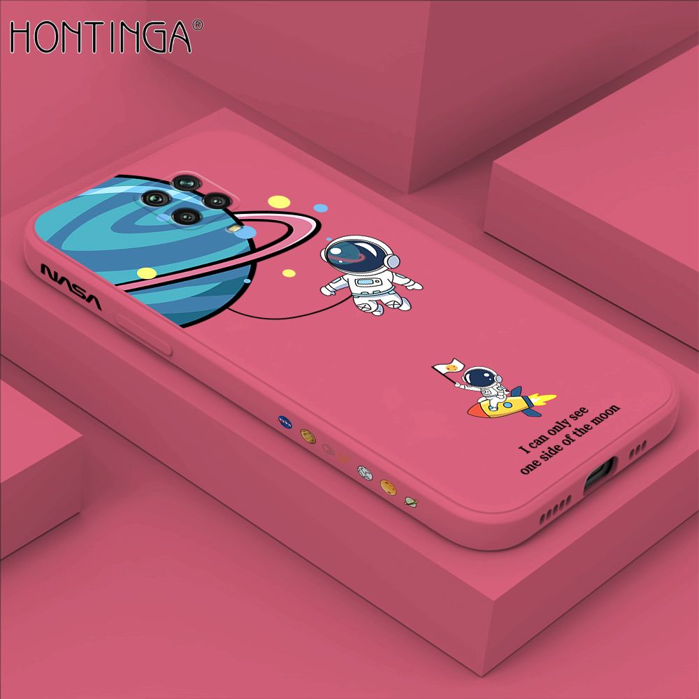 Hontinga for Redmi Note 9S Case Cartoon Astronaut Side Design Back Cover Soft Square Edge Liquid Silicone Phone Cases