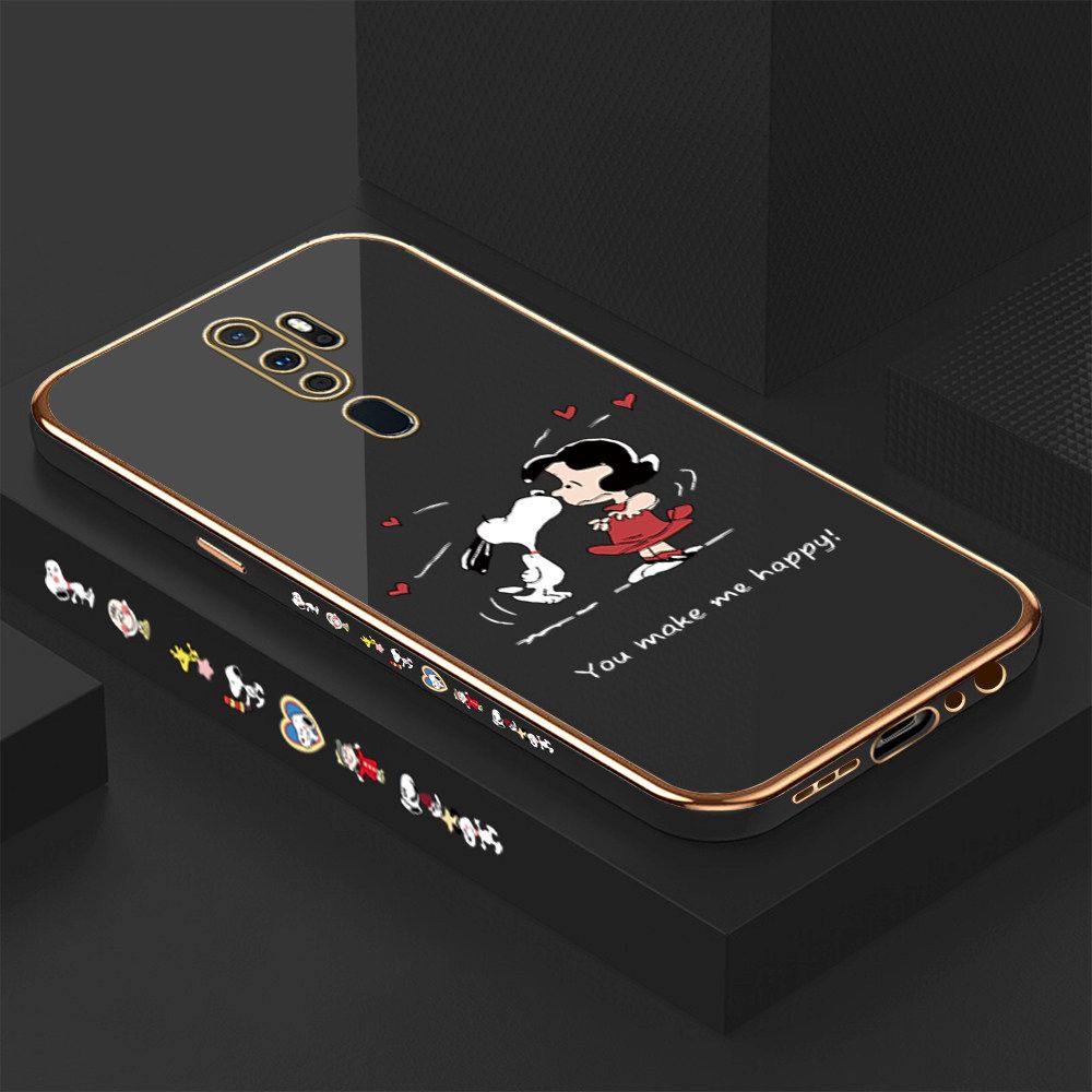 Luxury 6D Plating Case for OPPO A9 2020 Happy Cartoon Puppy Side Pattern Back Cover Soft Silicone Square Frame Shiny Bling Phone Cases + Free Lanyard