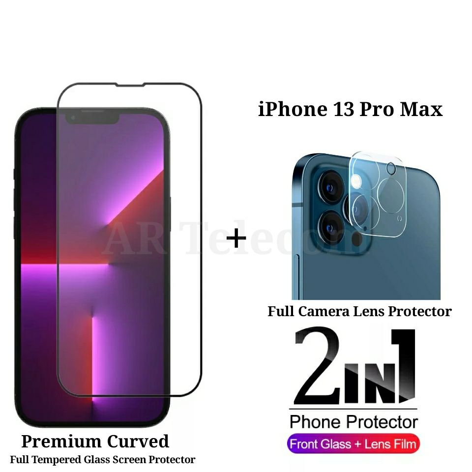Premium Curved HD Clear Transparent Tempered Glass Screen Protector+Full Coverage Premium Camera Lens Protector Glass Combo Pack for Apple iPhone 13 Pro Max